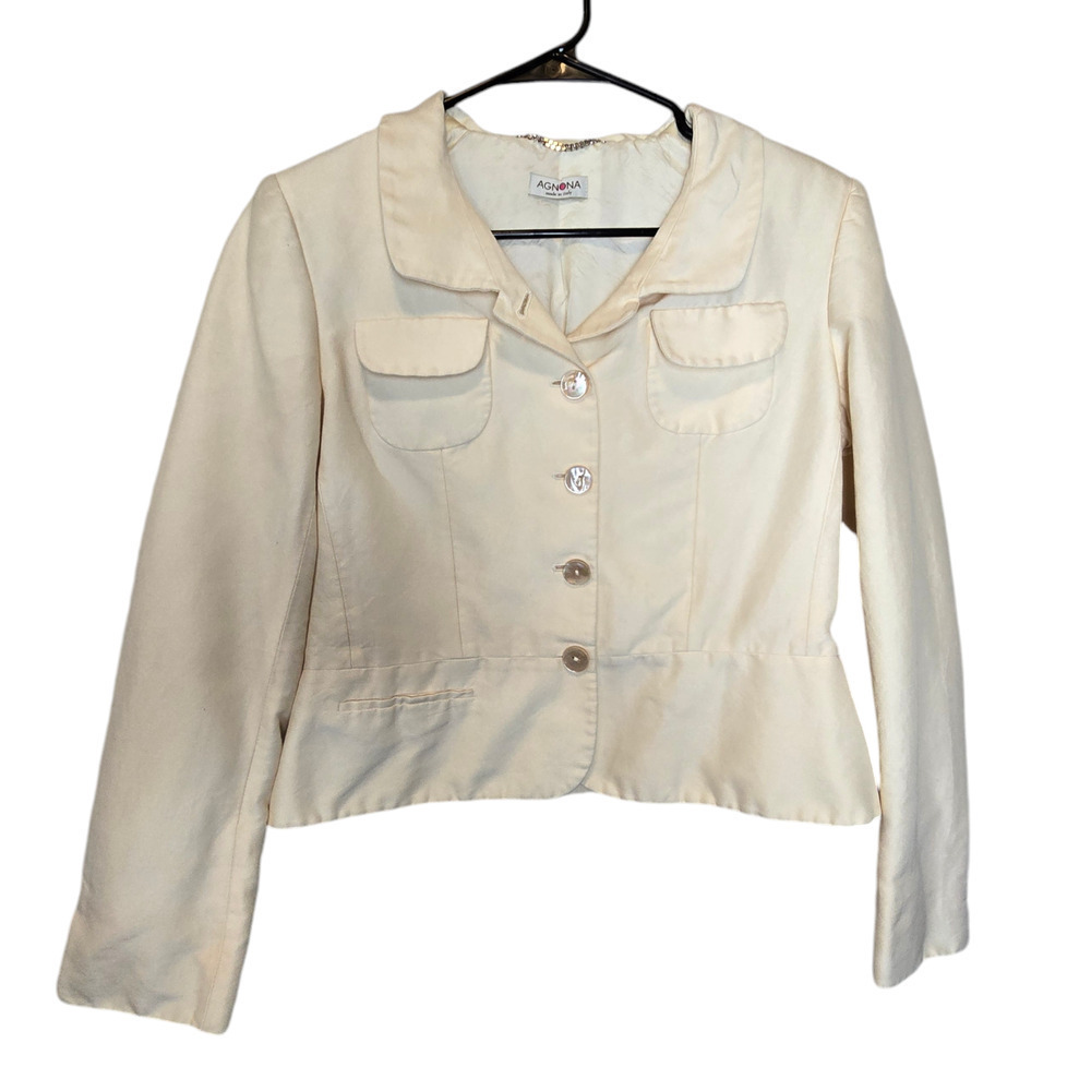 Agnona Silk-Cotton Blend Blazer Jacket Size 44, Cream White Button-Up